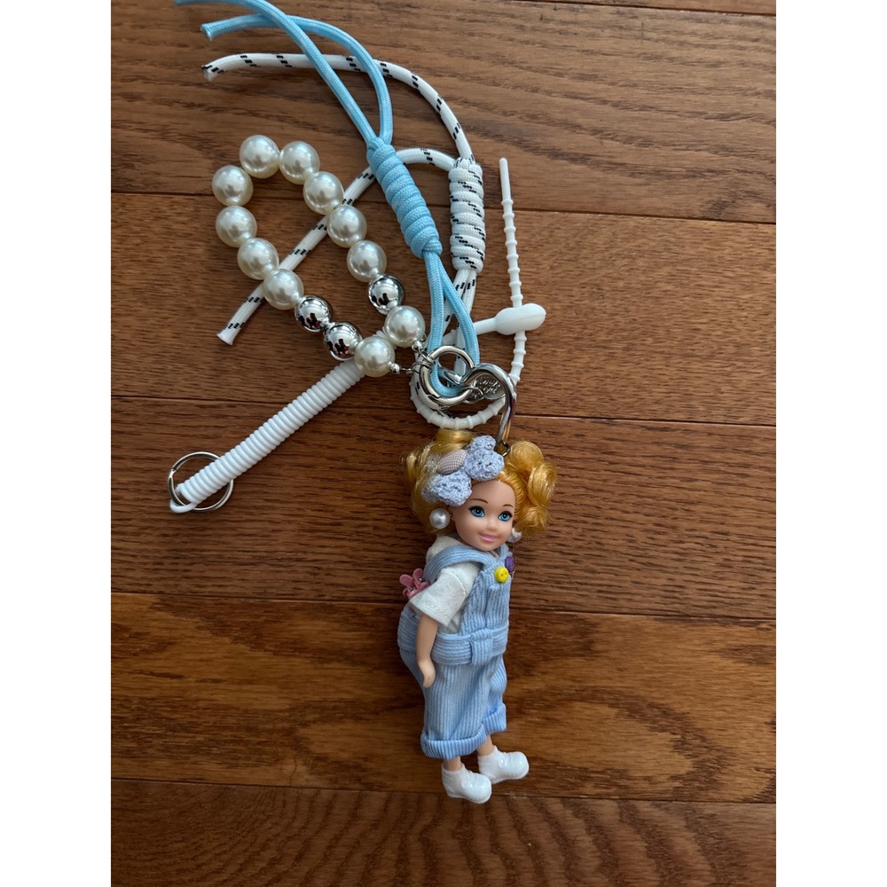 Mezzo Piano Doll Keychain Blue Corduroy Overalls Pearl Paracord Bag Charm Y2K